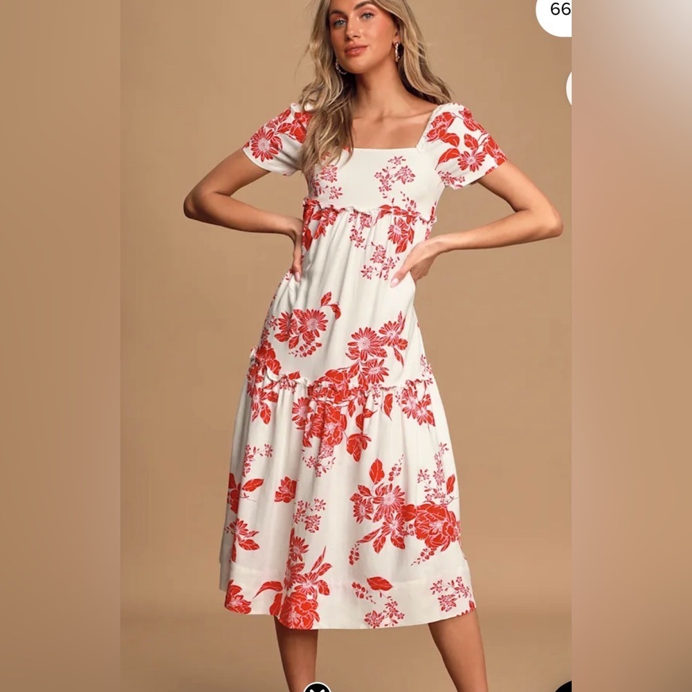 Lulus “On Island Time” Red Floral Midi Dress Tiered Cottagecore Sundress Size S